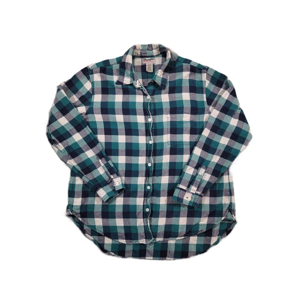 Wrangler Wrancher Button Up Shirt Womens M Blue White Check Long Sleeve Top